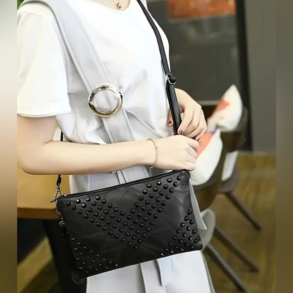 Black Rivet Grid Crossbody Shoulder Bag - Picture 5 of 5